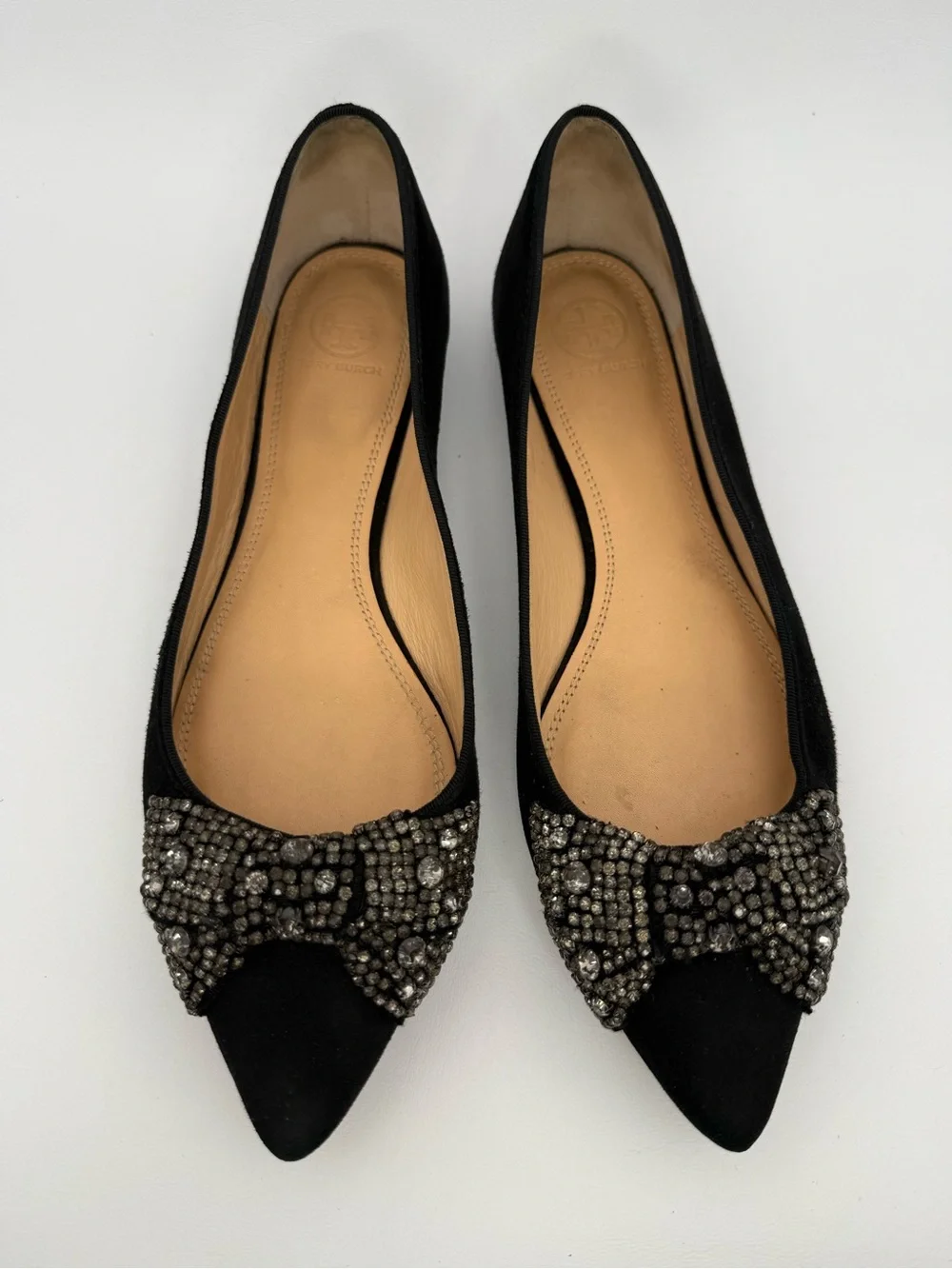 Tory Burch Vanessa Black Suede Pointed Toe Crystal -Bow Ballet Flat Sz 9.5 Prepp